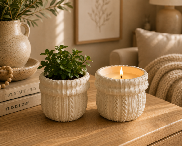 016. ML016 -Cozy Knitted Planter or Candle holder – 7cm in height and 7.5cm diameter