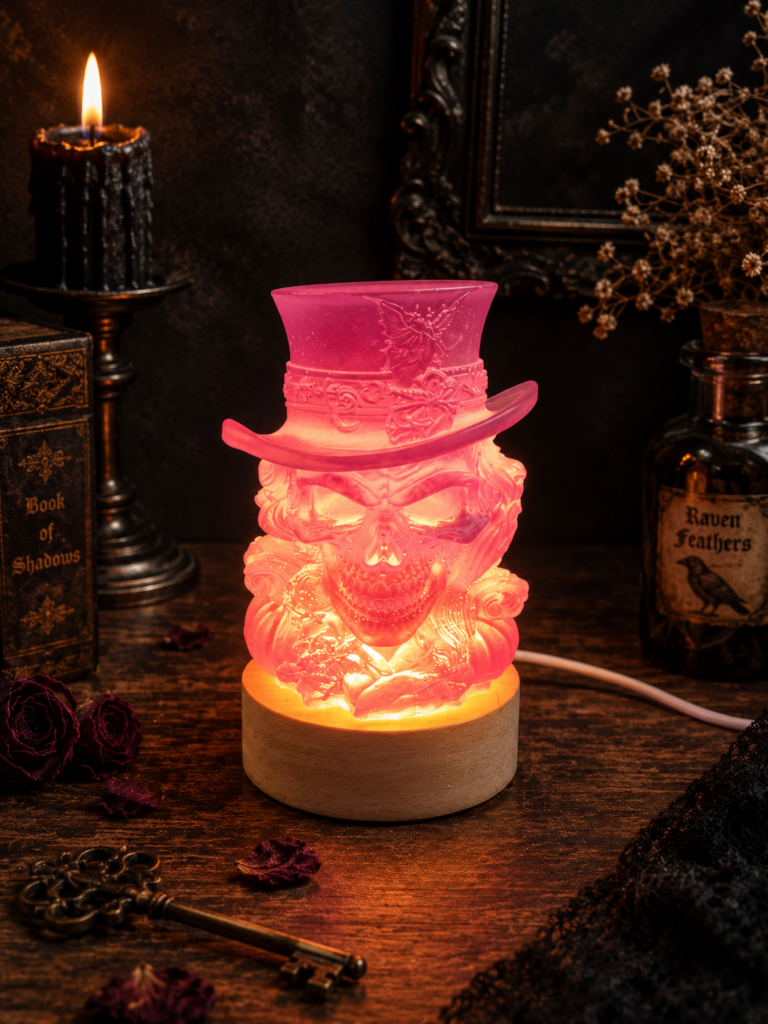 NR021Resin Top Hat Skull on LED Plinth