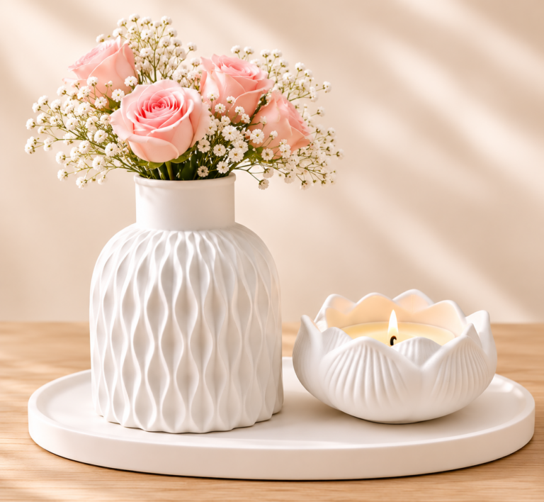 Tray, vase and lotus candle